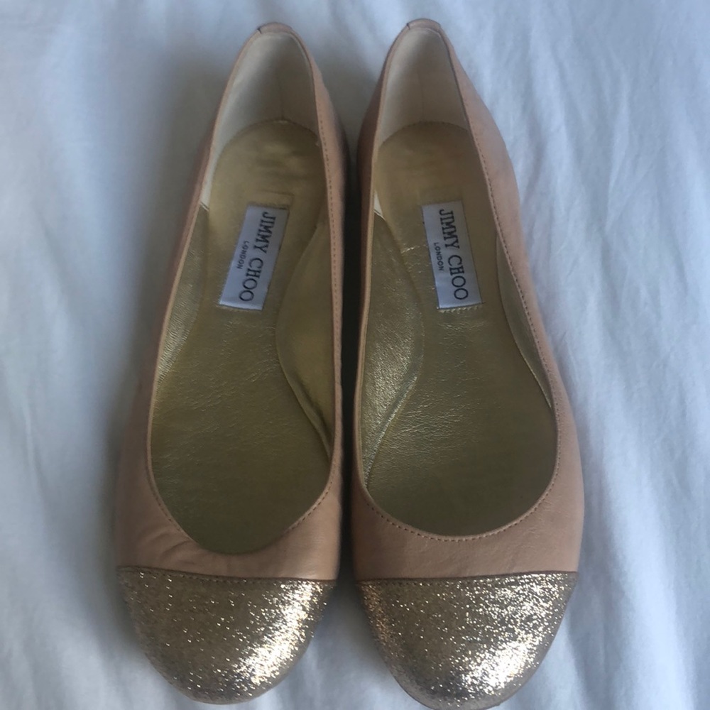 Jimmy Choo powder pink glitter toe flats